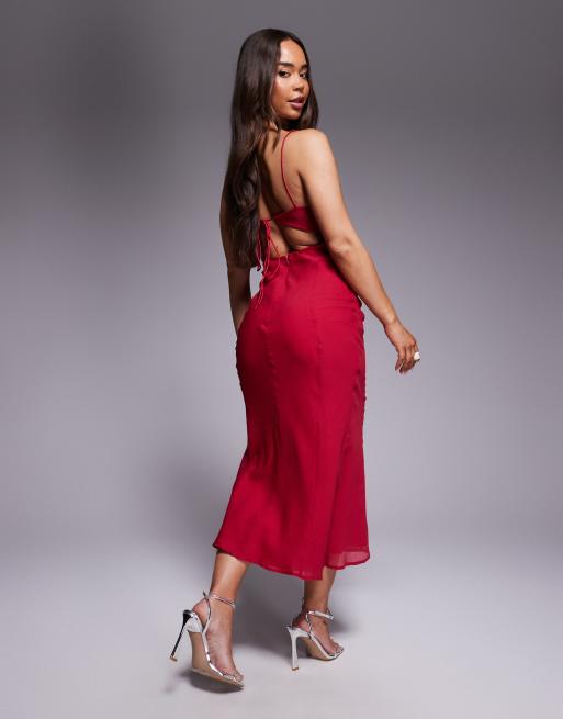 ASOS DESIGN mesh panelled chiffon bias midaxi dress in bright pink, 3 of 4