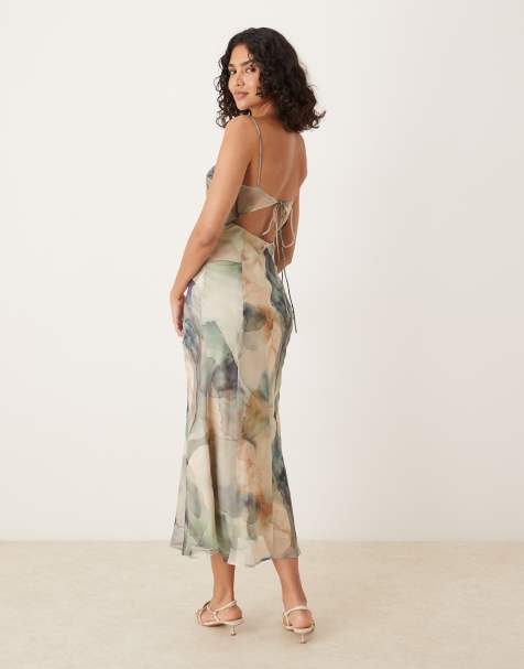 ASOS DESIGN mesh panelled chiffon bias midaxi dress in tonal blue watercolour print - view 1