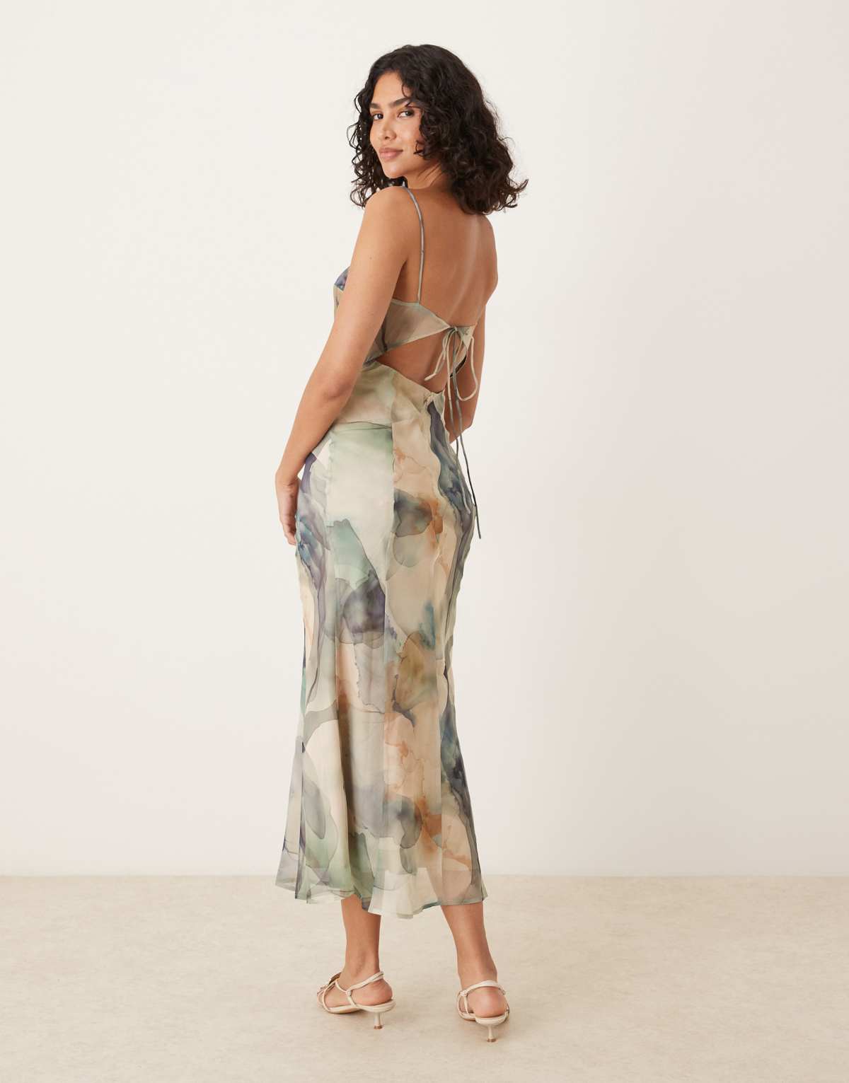 ASOS DESIGN mesh panelled chiffon bias midaxi dress in tonal blue watercolour print
