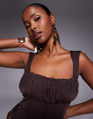 Asos Design Mesh Panelled Corset With Ruched Bust In Brown