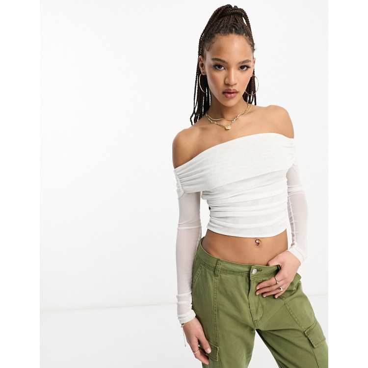 ASOS DESIGN mesh panelled off shoulder bardot top in white