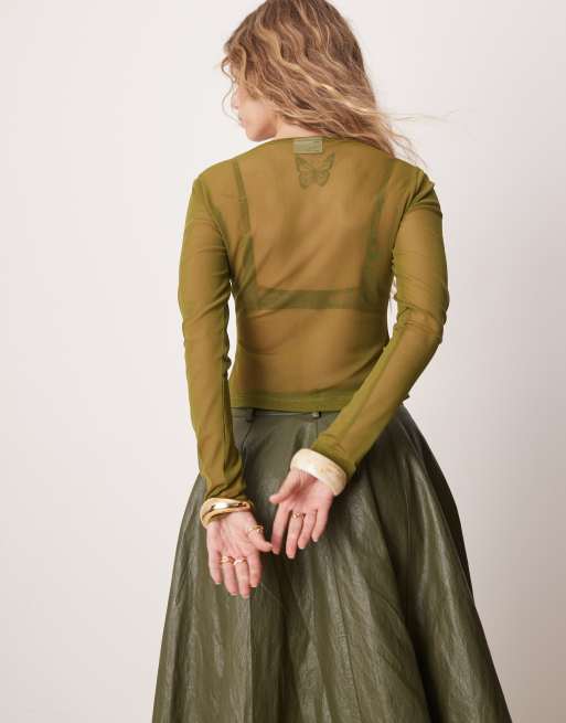 ASOS DESIGN mesh pearlised button through cardigan in olive, 3 of 4