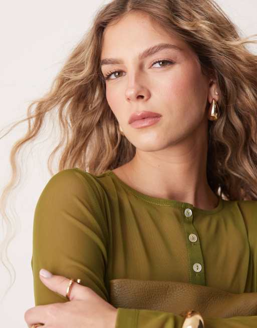 ASOS DESIGN mesh pearlised button through cardigan in olive, 4 of 4