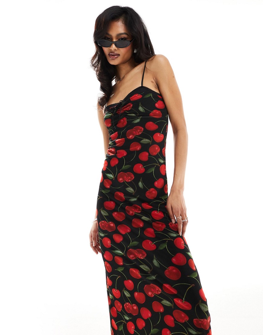 mesh peekaboo bust detail midaxi dress in red and black cherry print-Multi