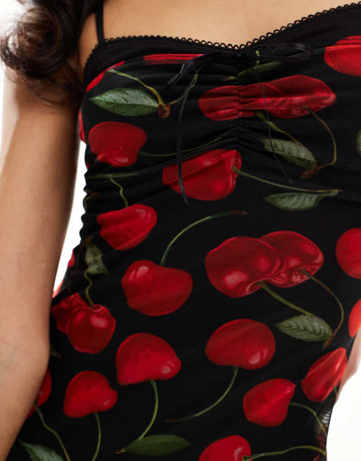 ASOS DESIGN mesh peekaboo bust detail midaxi dress in red and black cherry print
