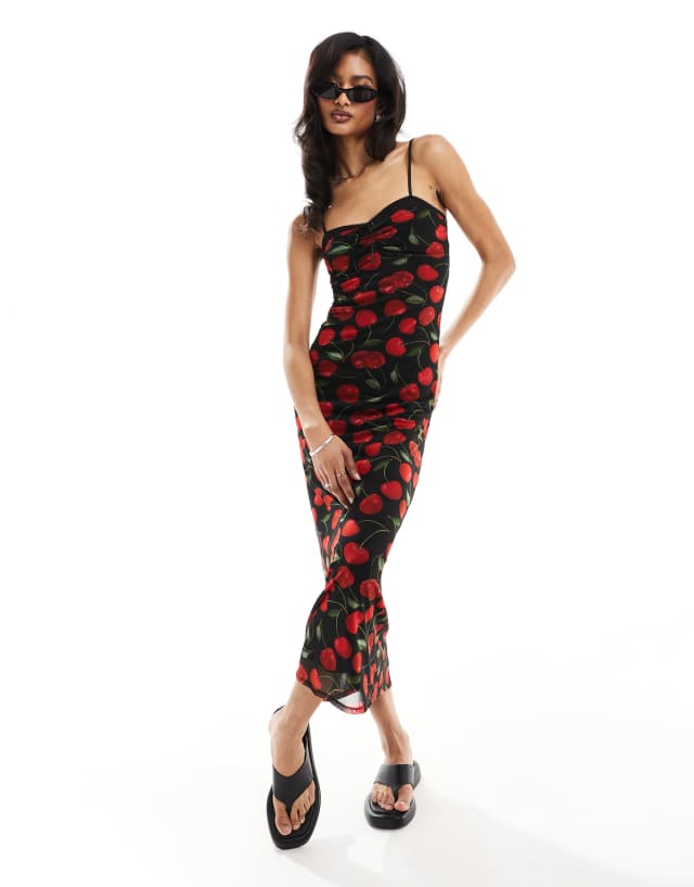 ASOS DESIGN mesh peekaboo bust detail midaxi dress in red and