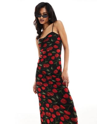 ASOS DESIGN mesh peekaboo bust detail midaxi dress in red and black cherry print