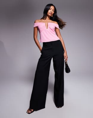 Asos Design Mesh Plunge Detail Bardot Top In Pink