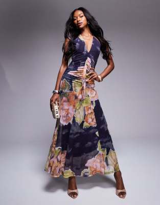Asos Design Mesh Plunge Front Maxi Dress With Flare Detail And Sweeping Hem In Floral Print-multi