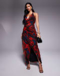 [ASOS DESIGN] ASOS DESIGN mesh plunge halter midi dress with wrap skirt in abstract red and blue print-Multi 12 Blurred print