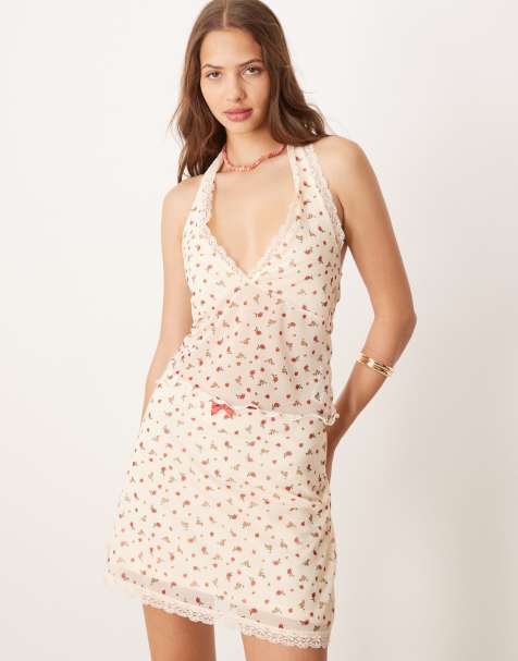 ASOS DESIGN mesh plunge halter neck top with lace trim in ditsy floral print - view 1