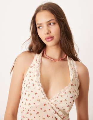 Asos Design Mesh Plunge Halter Neck Top With Lace Trim In Neutral