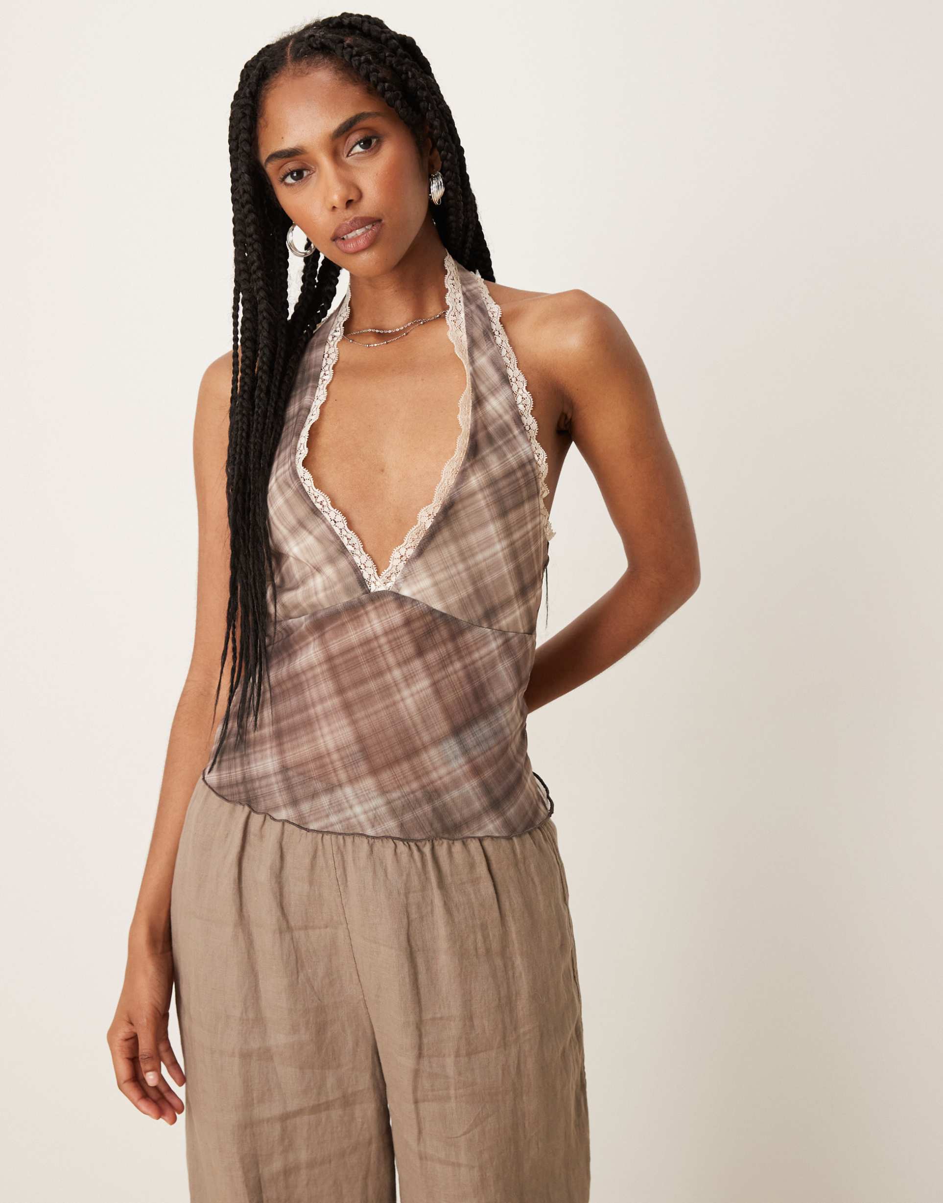 asos design mesh plunge halter neck top with lace trim in plaid print brown
