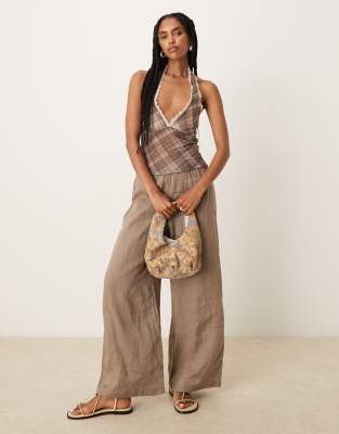 Asos Design Mesh Plunge Halter Neck Top With Lace Trim In Brown