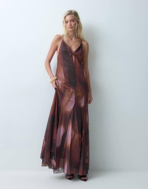 ASOS DESIGN mesh plunge maxi dress in purple abstract