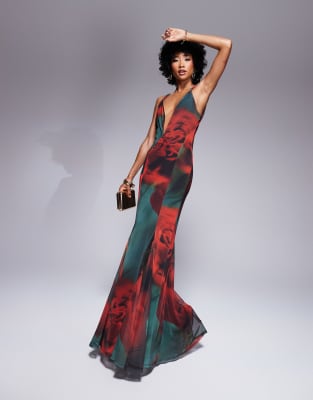 Asos Design Mesh Plunge Maxi Dress With Flares In Green Floral Print-multi