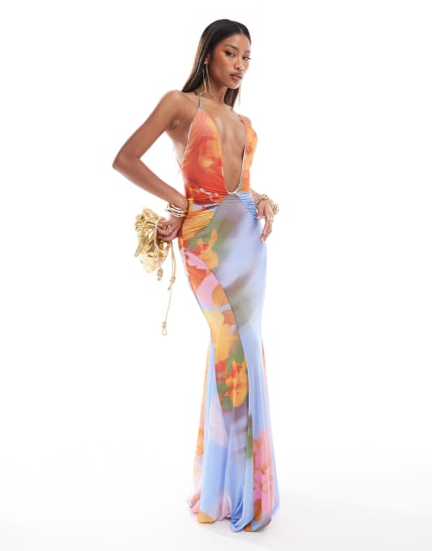 ASOS DESIGN mesh plunge maxi dress with full godet skirt in abstract floral print - view 1