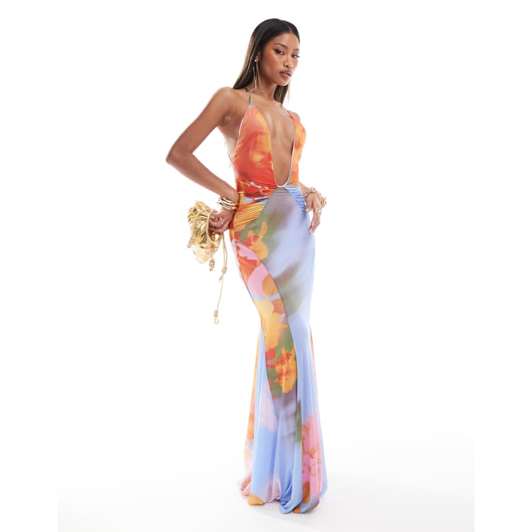 ASOS DESIGN mesh plunge maxi dress with full godet skirt in