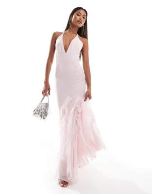 Asos Design Mesh Plunge Maxi Dress With Ruffle Front Split And Panel Detailing In Pink