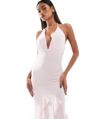Asos Design Mesh Plunge Maxi Dress With Ruffle Front Split And Panel Detailing In Pink