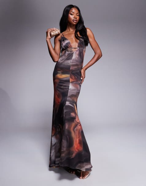 ASOS DESIGN mesh plunge neckline double strap maxi dress with sash in swirl print - view 1