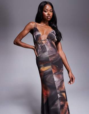 ASOS DESIGN MESH PLUNGE NECKLINE DOUBLE STRAP MAXI DRESS WITH SASH 