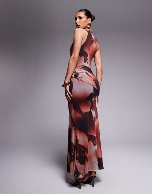 ASOS DESIGN mesh plunge neckline maxi dress with wrap sash detail in  blurred orange print | ASOS