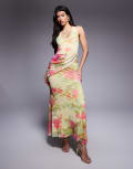 [ASOS DESIGN] ASOS DESIGN mesh plunge neckline maxi dress with wrap sash detail in buttermilk floral print-Multi 18 Floral Print