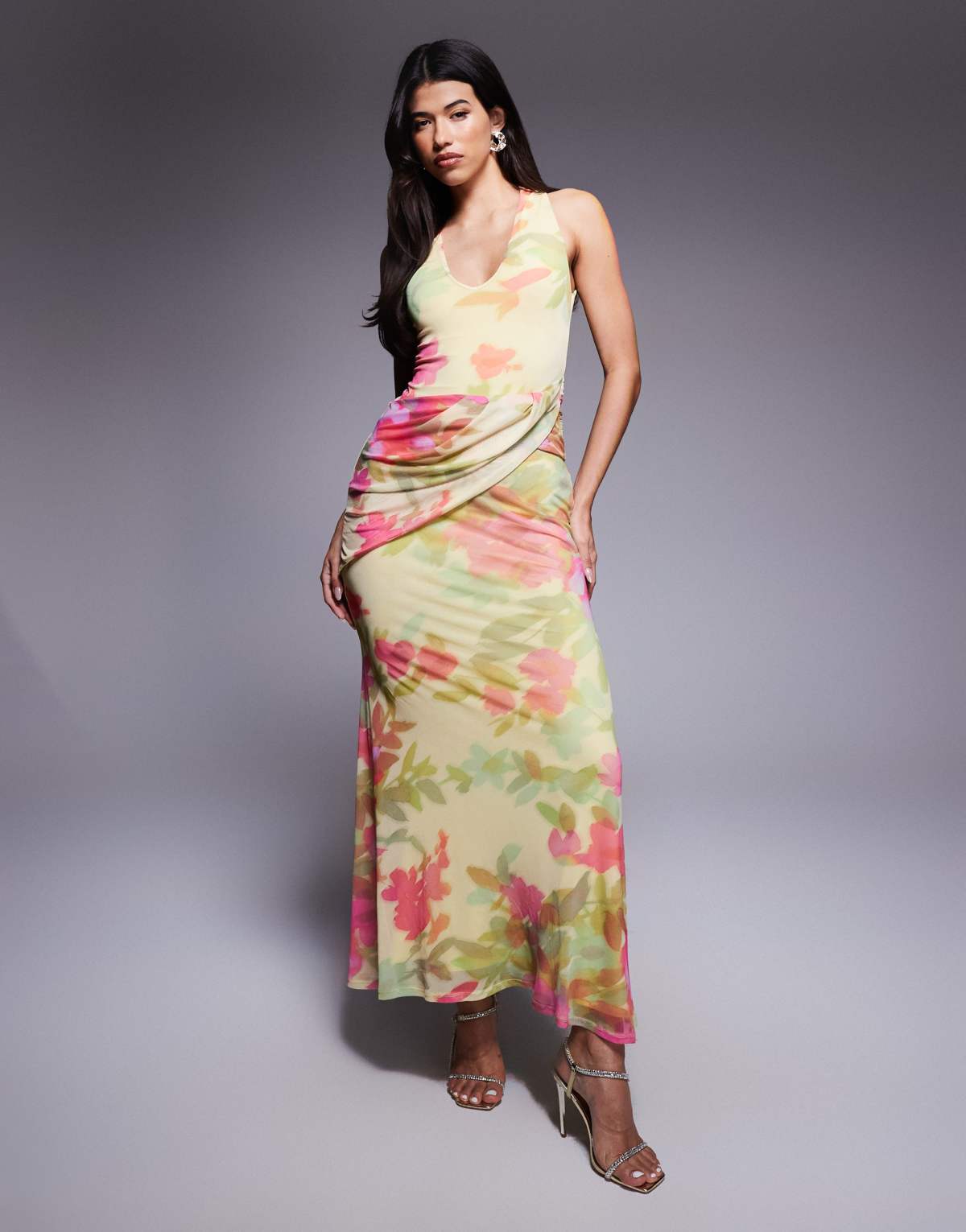 ASOS DESIGN mesh plunge neckline maxi dress with wrap sash detail in buttermilk floral print