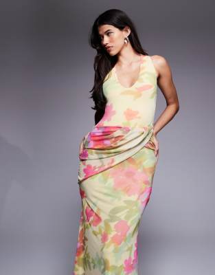 Asos Design Mesh Plunge Neckline Maxi Dress With Wrap Sash Detail In Green