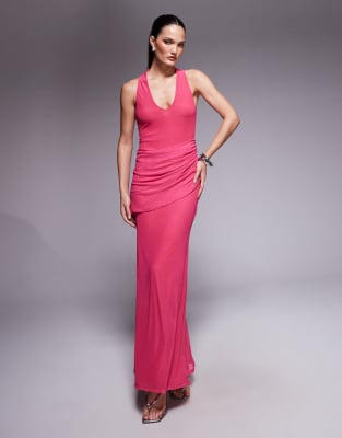 Asos Design Mesh Plunge Neckline Maxi Dress With Wrap Sash Detail In Pink