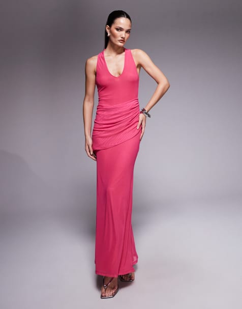 ASOS DESIGN mesh plunge neckline maxi dress with wrap sash detail in pink - view 1