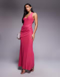 [ASOS DESIGN] ASOS DESIGN mesh plunge neckline maxi dress with wrap sash detail in pink 18 Pink