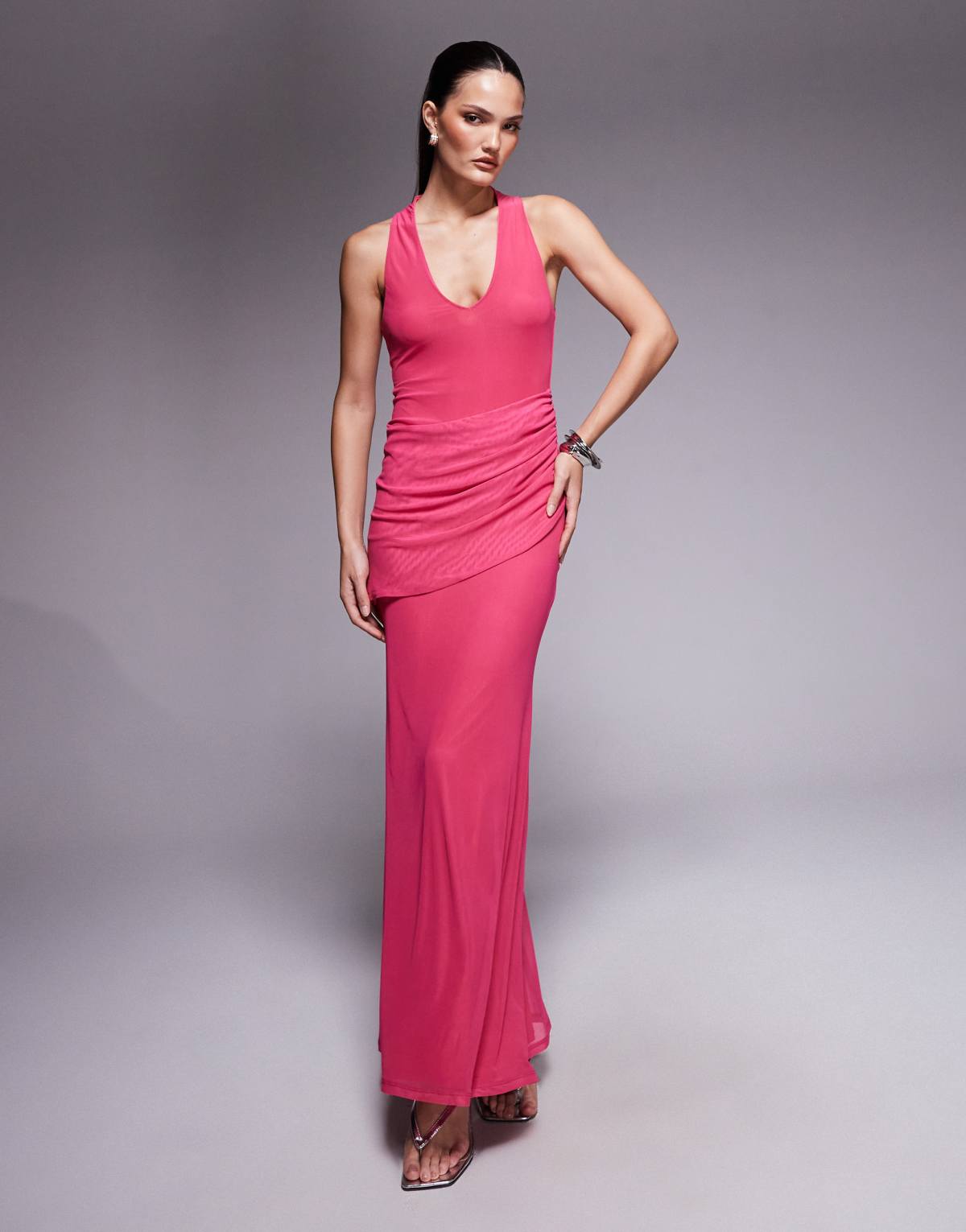 ASOS DESIGN mesh plunge neckline maxi dress with wrap sash detail in pink
