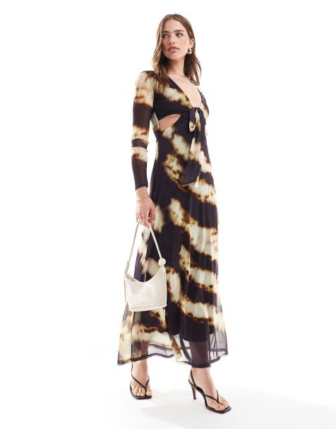ASOS DESIGN mesh plunge tie front maxi dress with cutout in smudge print - view 1