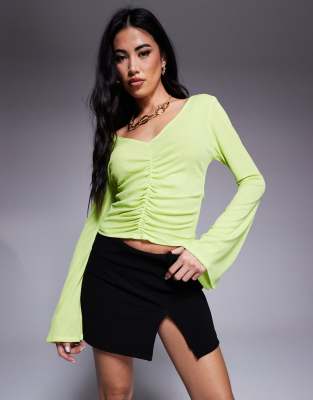 Asos Design Mesh Plunge V-neck Top With Ruched Center In Green