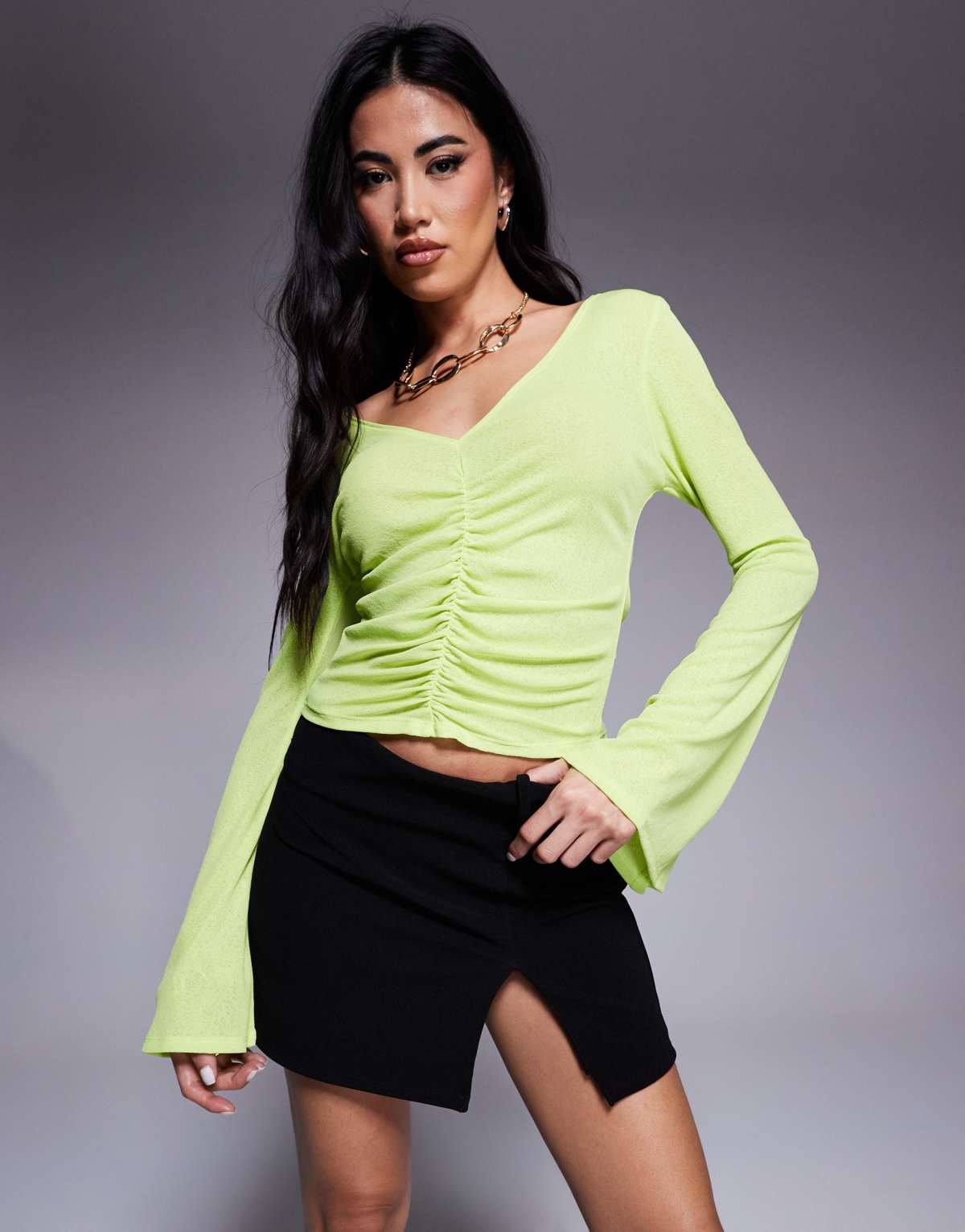 ASOS DESIGN mesh plunge v neck top with ruched centre in lime