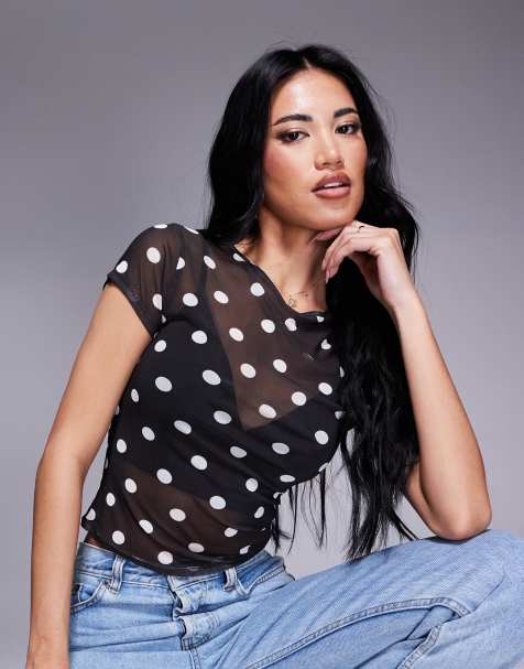 ASOS DESIGN mesh polka dot print baby tee in black - view 1