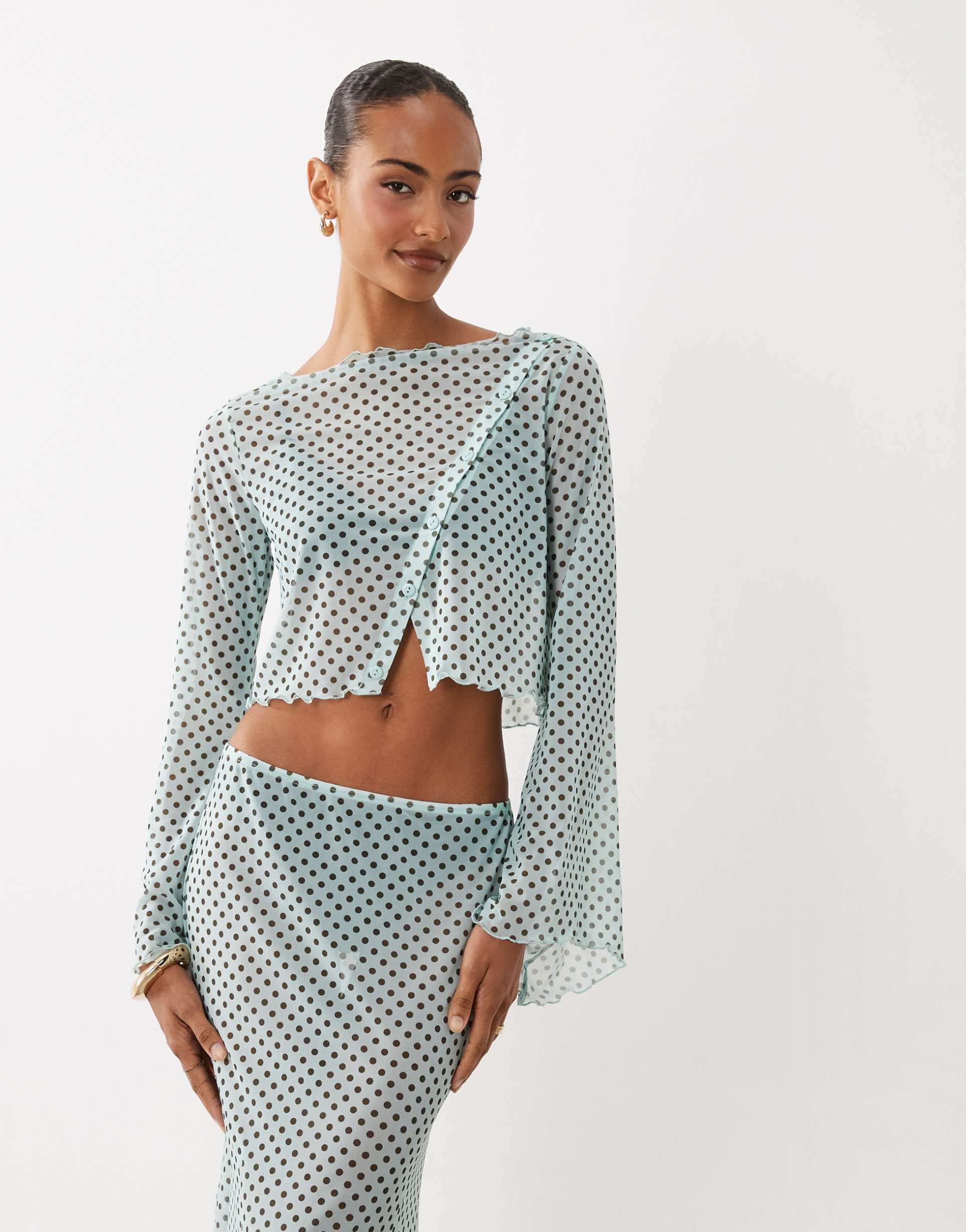 asos design mesh printed angel sleeve button through top in blue polka dot - part of a set