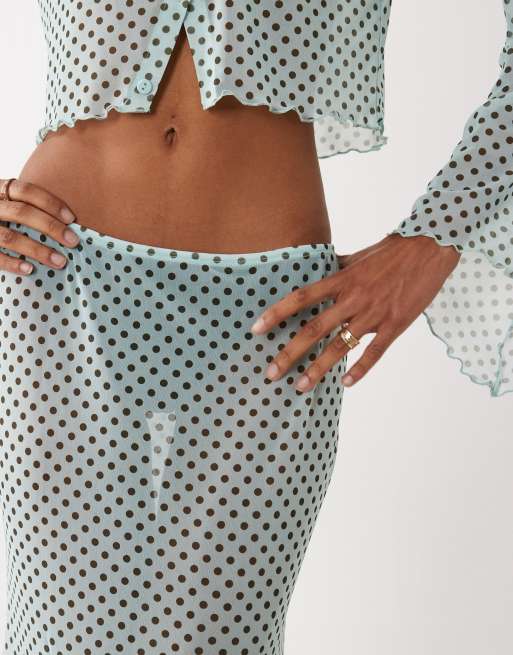 ASOS DESIGN mesh printed maxi skirt in blue polka dot (part of a set), 2 of 5