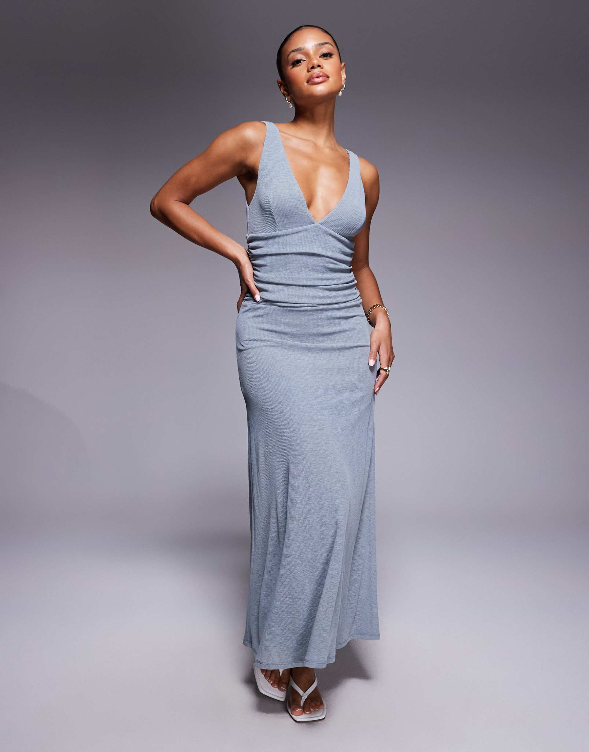 asos design mesh rib knit plunge ruched waist maxi dress in gray