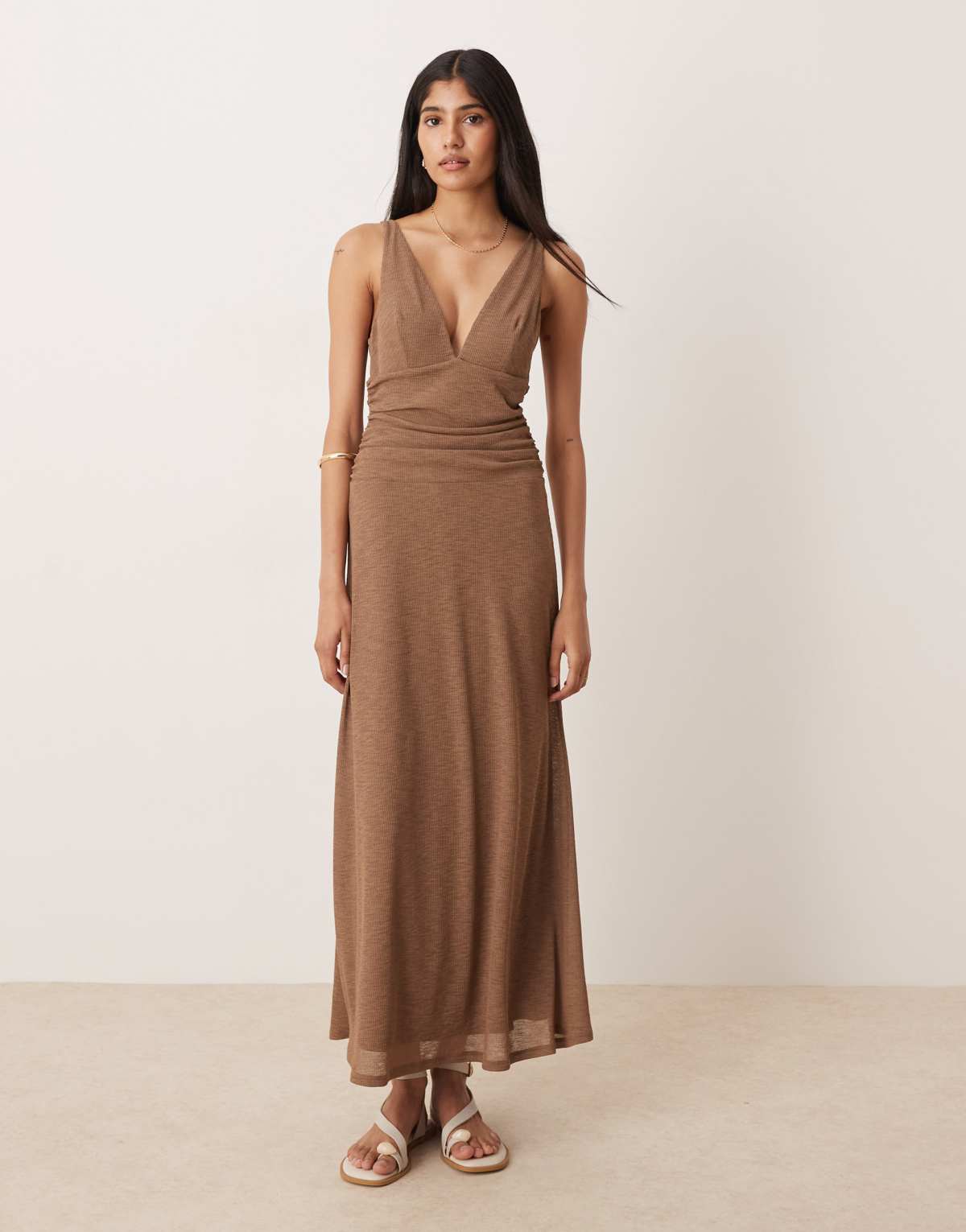 ASOS DESIGN mesh rib plunge ruched waist maxi dress in mocha