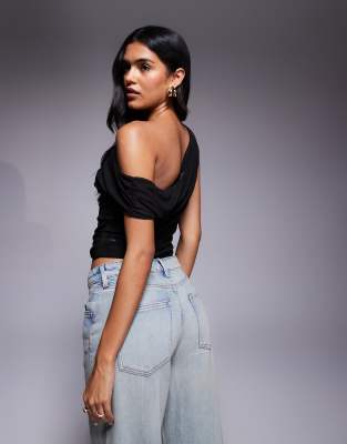 Asos Design Mesh Ruched Asymmetric Top In Black