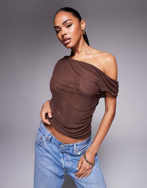 ASOS DESIGN mesh ruched asymmetric top in chocolate - view 1