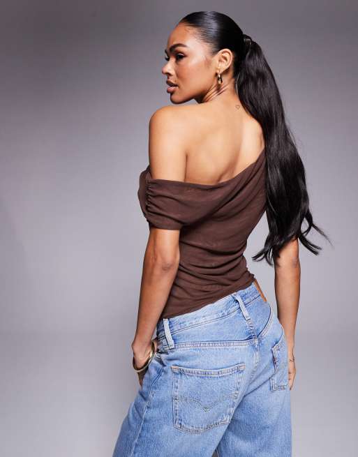 ASOS DESIGN mesh ruched asymmetric top in chocolate