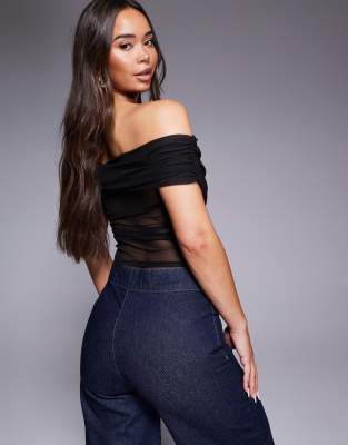 Asos Design Mesh Ruched Bardot Trim Detail Top In Black