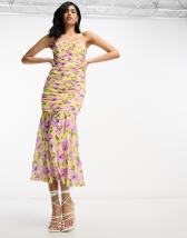 ASOS DESIGN Maternity ruffle frill hem maxi dress in pink lurex rose print