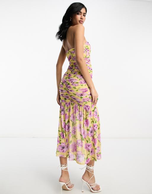 ASOS DESIGN mesh ruched bodycon bandeau flared hem midi dress in floral  print