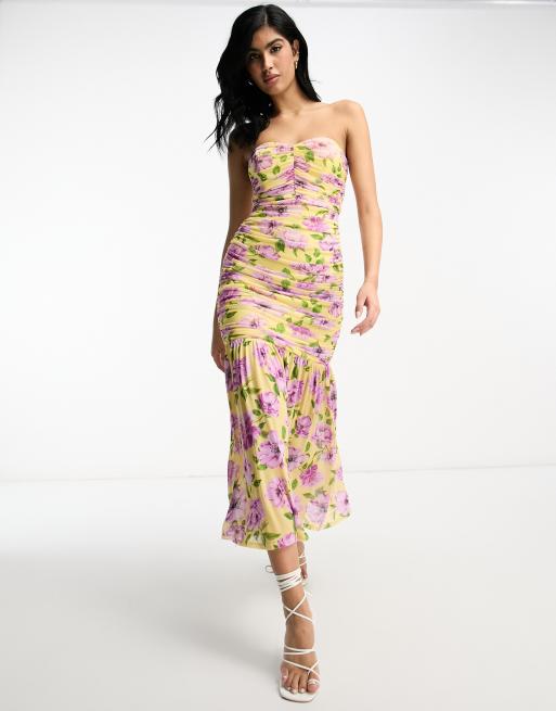 Printed Ruched Mesh Strapless Maxi Dress