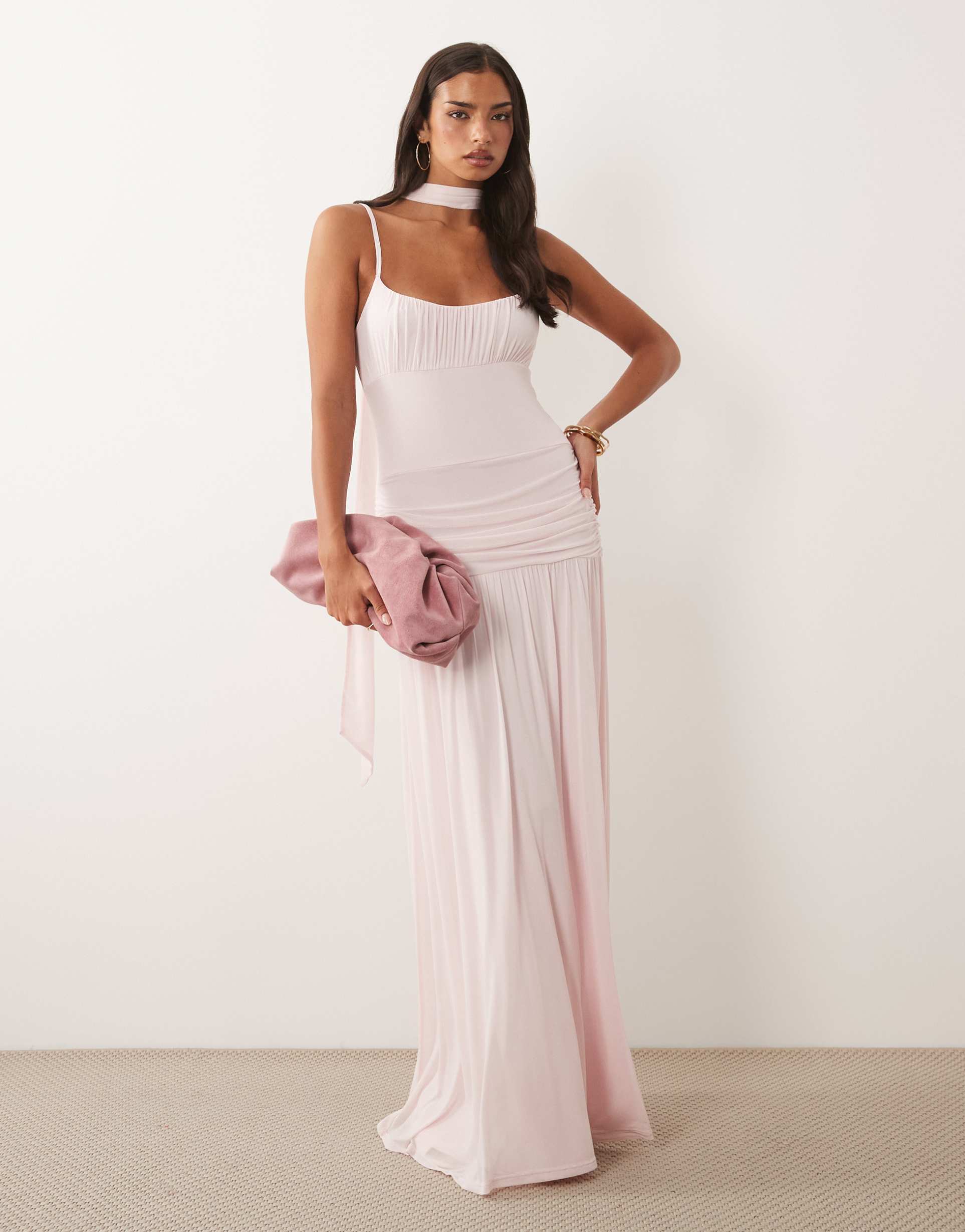 asos design mesh ruched bust maxi dress with scarf detail in pink
